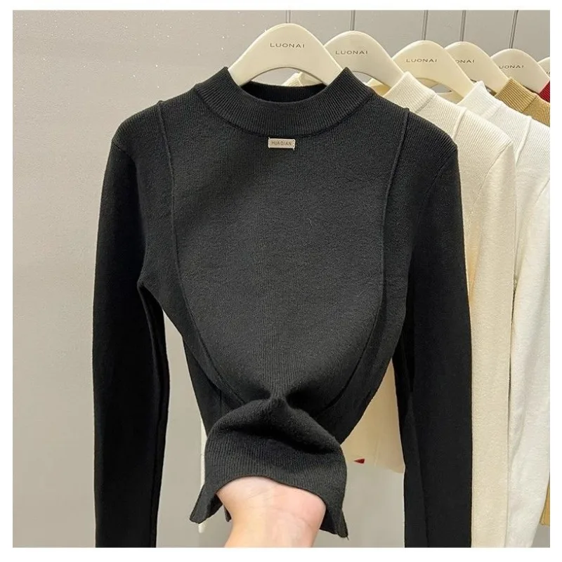 Half Turtleneck Bottoming Shirt for Women in Winter Herringbone Line Design Slim-fitting Mid-collar Sweater Sweater Top