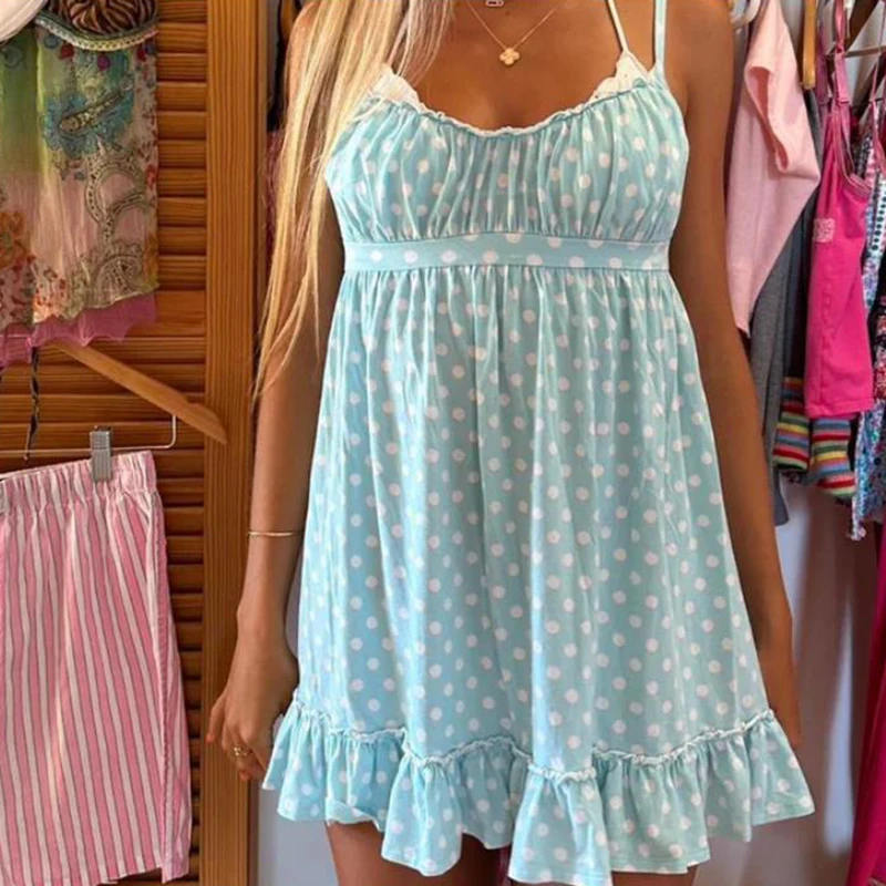 y2k babydoll dress Vintage with Lace-Up Back like effect in the back Women Y2K Tie Shoulder Mini