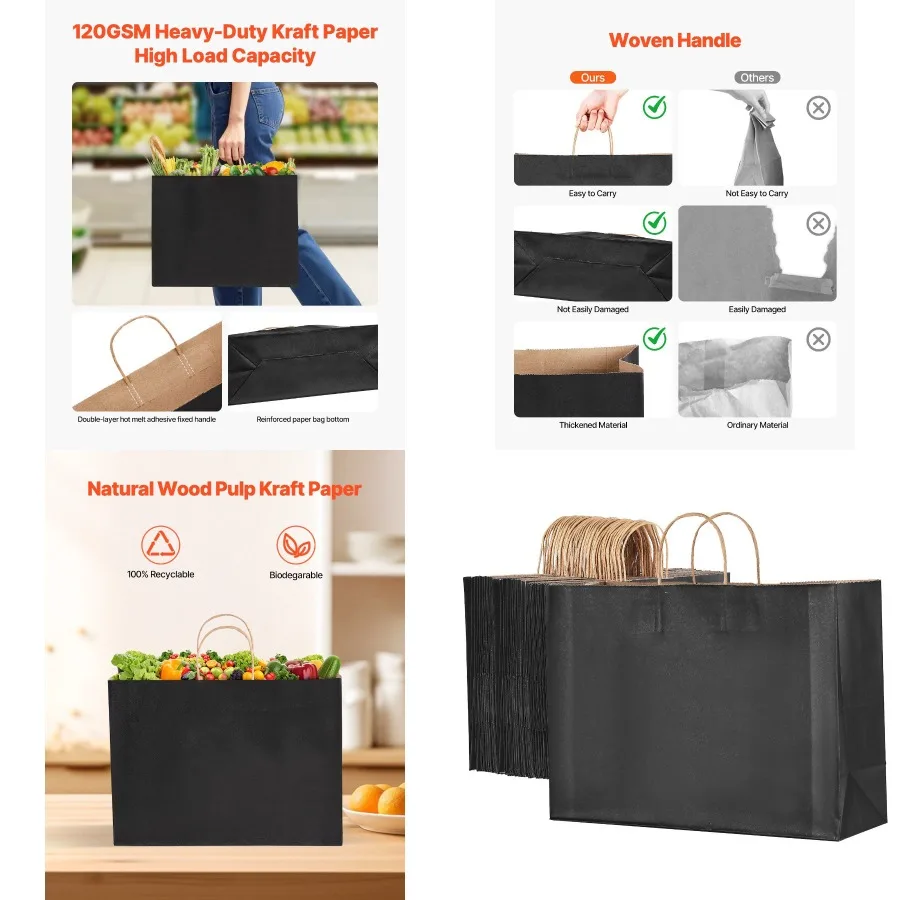

Kraft Paper Bag with Handles 100Pcs 16x6x12 in Party Shopping Retail Bag Black