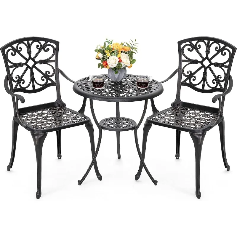 3-piece Outdoor Small Bar Set, Cast Aluminum Dining Table Set Rust Proof, with Umbrella Hole, Suitable for Backyard Use