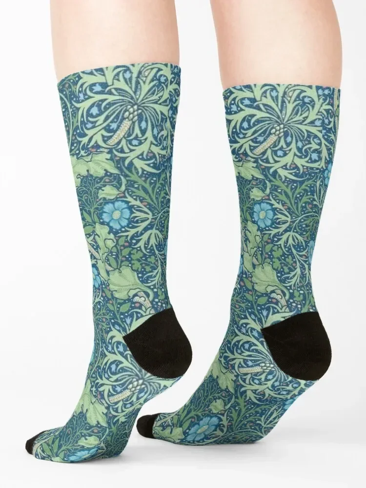 Morris Floral Flowers and Leaves Pattern (blue, green) Socks anti slip football funny sock football luxe Women Socks Men's