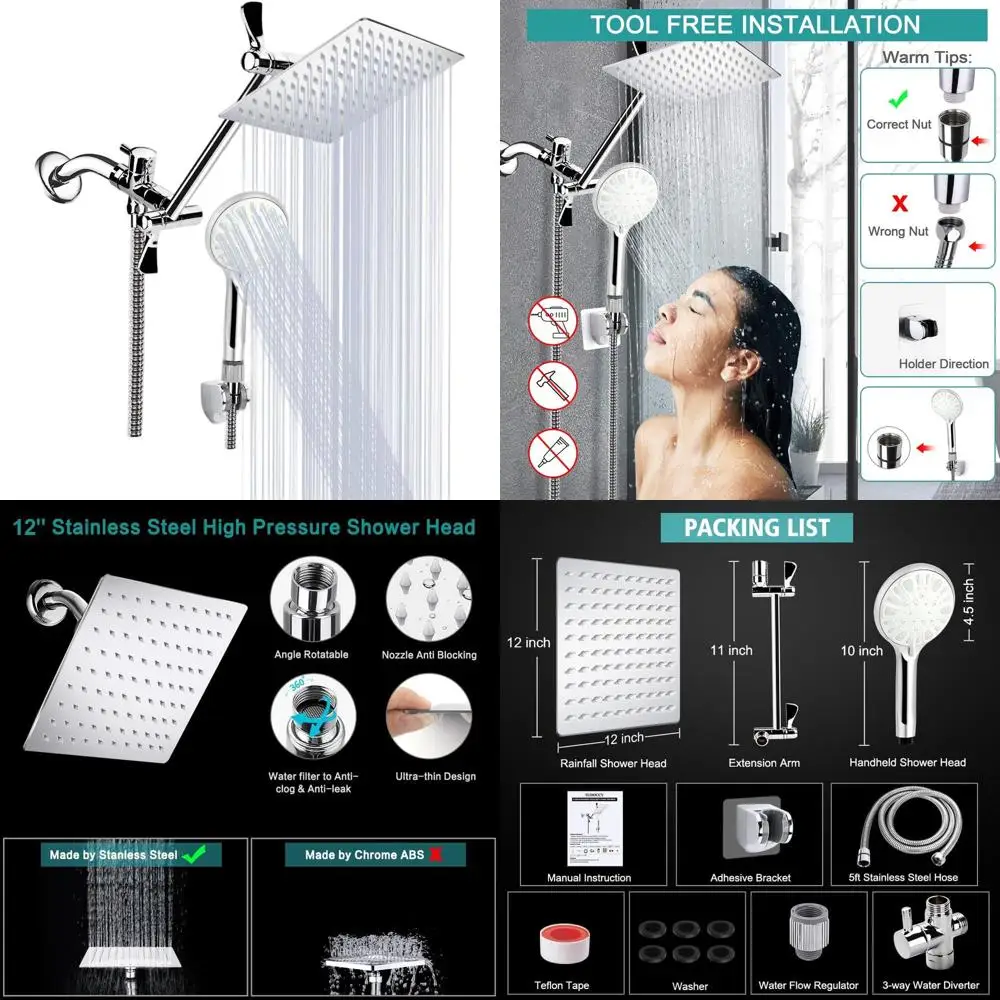 12 High-Pressure Rainfall Shower Head Combo with 11 Arm, 9 Modes, Adjustable Height & Angle