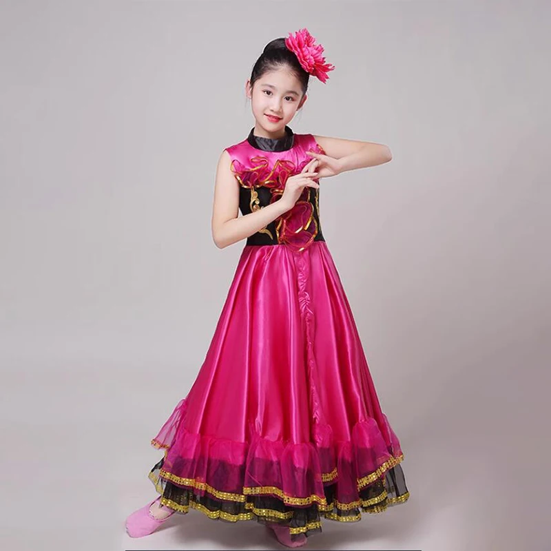 Girls Spanish Flamenco Dance Dresses 360/540/720 Degree Big Swing Skirt Kids Opening Dance Stage Performance Costumes