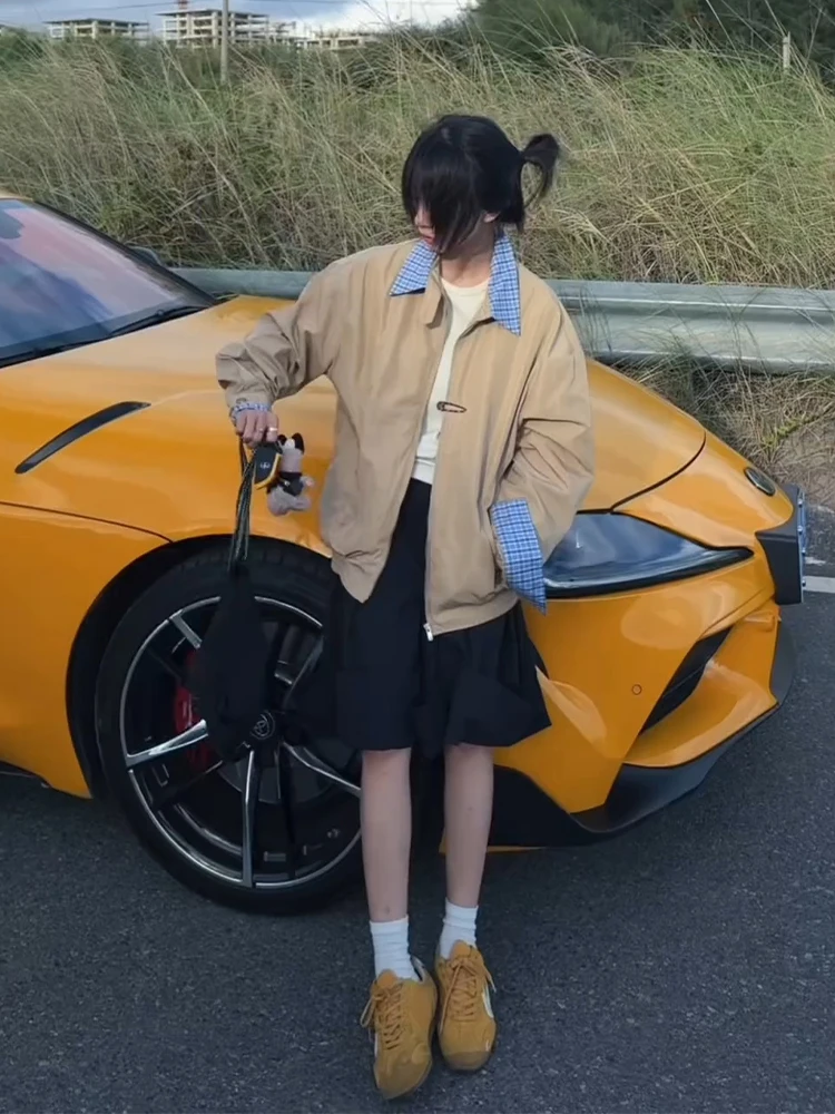 

Khaki Zipper Jaet Cleanfit Sle Youthful Stand Fit Spring Autumn M Fem Model Two-Piece Harrington Jaet