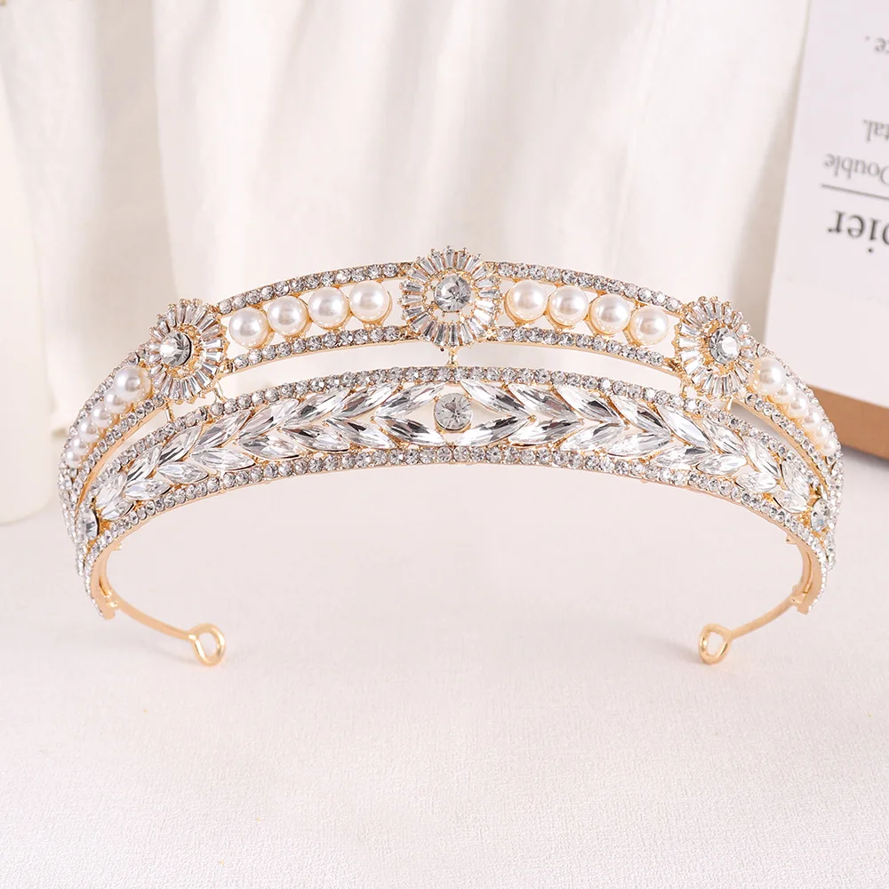 KMVEXO Gold Silver Plated Queen Princess Diana Crown Crystal Pearl Diadem For Bridal Hair Accessories Bride Headbands De Noiva