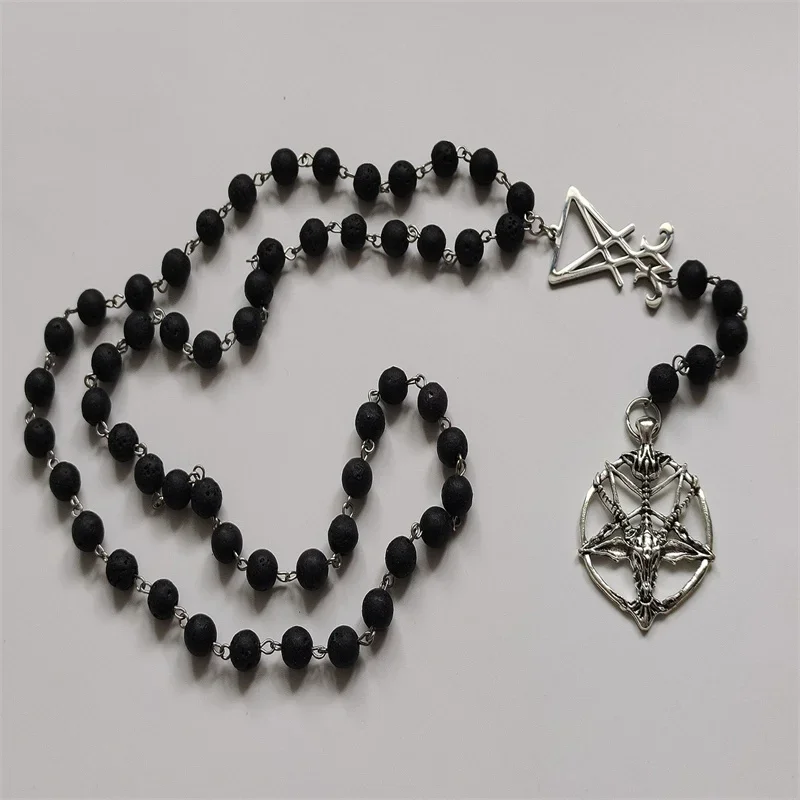 Black Lava Bead Satanic Rosary with Silver Color Toned Baphomet Pentagram and Lucifer Sigil - Satanic Prayer Beads