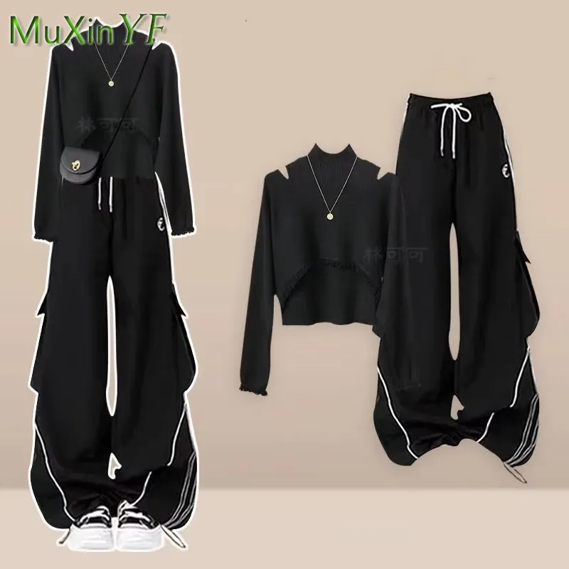 Girls' 2026 Autumn/Winter New Fashion Tracksuit Matching Set Korean Elegant Knit Sweater+Vest+Casual Cargo Pants 3-Piece Suit