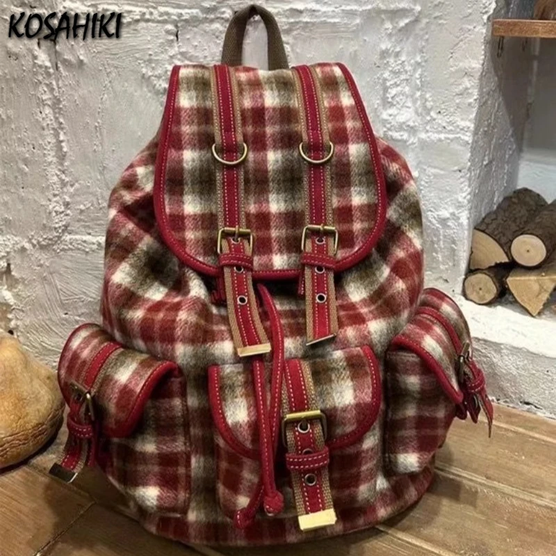 Sweet Y2k Aesthetic Fashion Plaid Backpack Women Kawaii Casual Cute Students Schoolbags Preppy Vintage All Match Chic Backpacks