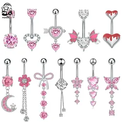 1PCS Pink Heart-Wing Butterfly Belly Button Rings Jewelry Stainless Steel Chain Dangled Navel Piercing Crystal Cute Belly Ring