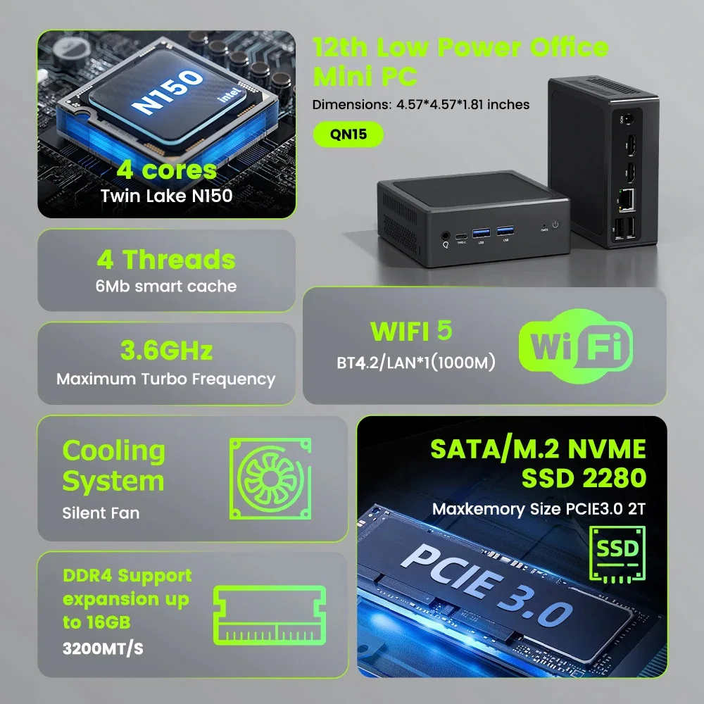 YCTipc Intel N150 Mini PC Gaming Windows 11 Pro Mini PC DDR4 8GB/16GB 1000M M.2 2280 SSD VGA Tri-Display computadora de escritorio de oficina
