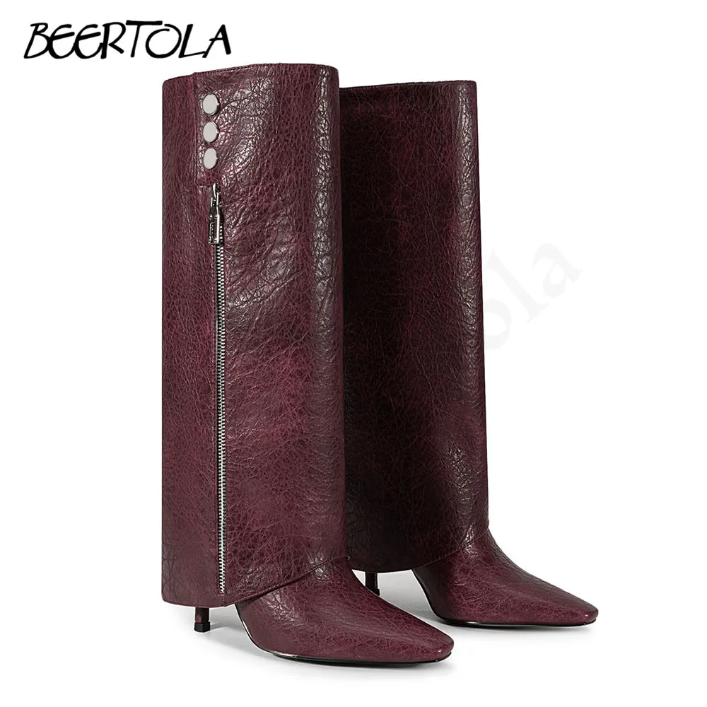 Square Toe Side Zipper Sleeve Boots Decorated with Rivets Hem Stiletto Boots Large Size Fashionable Women's Knee-High Boots