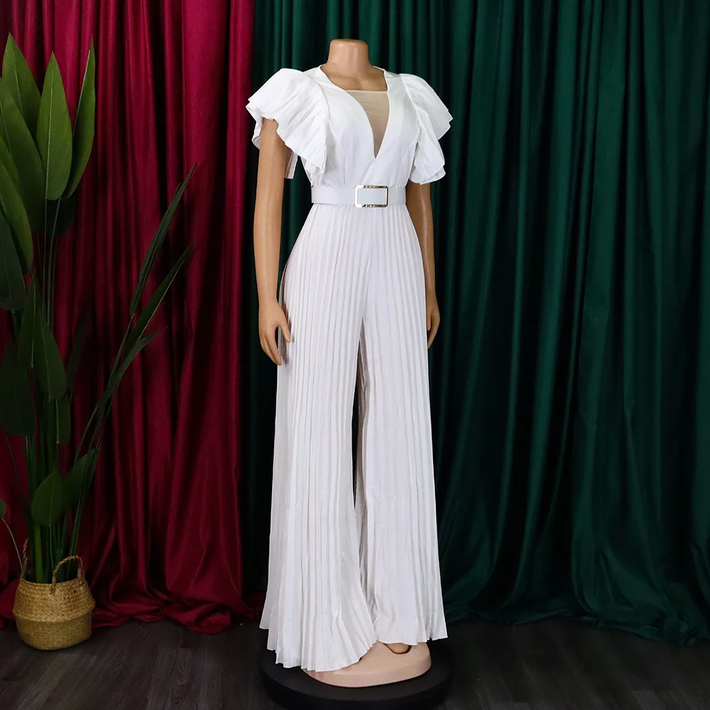 Elegant Pleated Jumpsuits & Rompers for Women V Neck Ruffles Belt Waisted High Waisted Floor Length Luxury Birthday Party Outfit