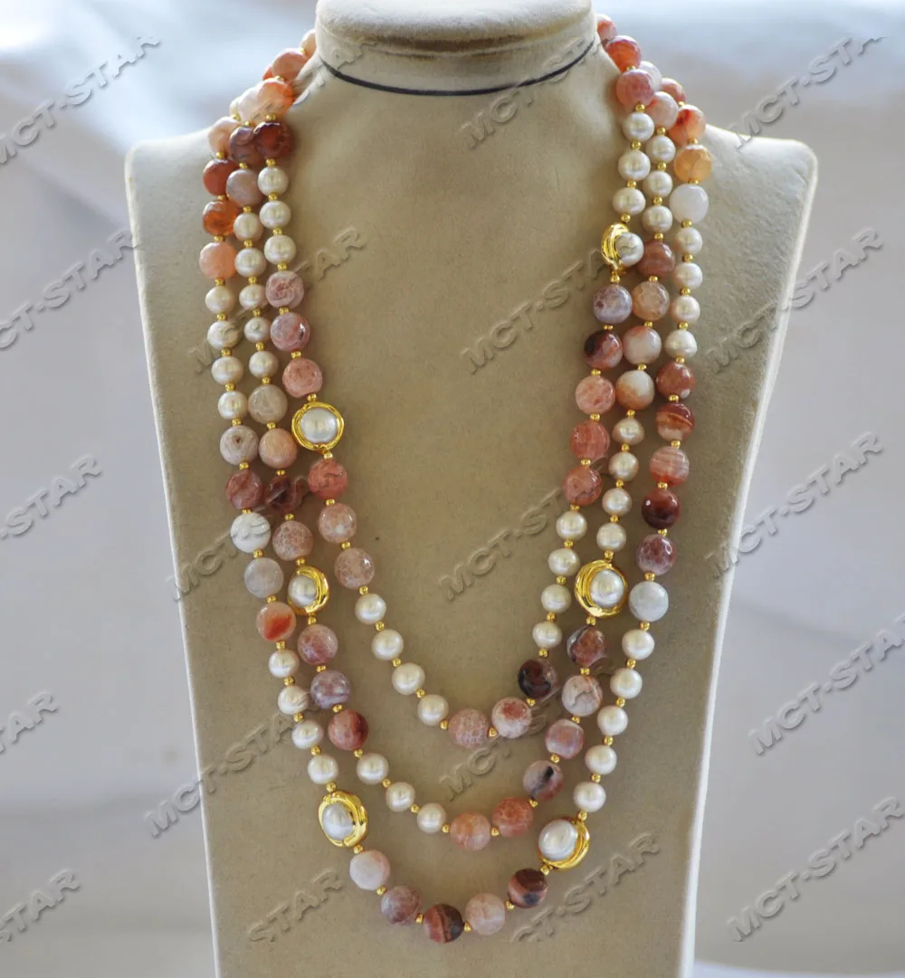 

Z12816 3Row 20" Red Faceted Agate White Round Pearl Gold Plated Necklace