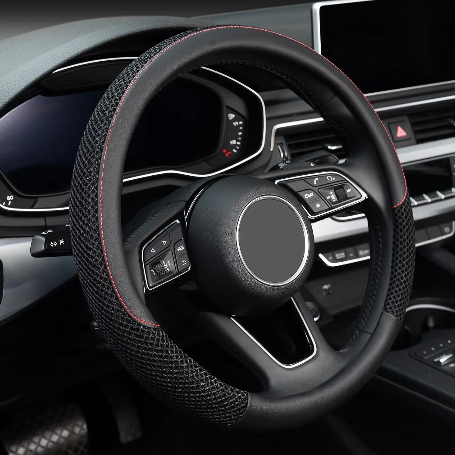 

15 Inch Cooling Steering Wheel Cover, Breathable Mesh with Leather, Anti-Slip Grip for Summer Driving, Universal Fit Black