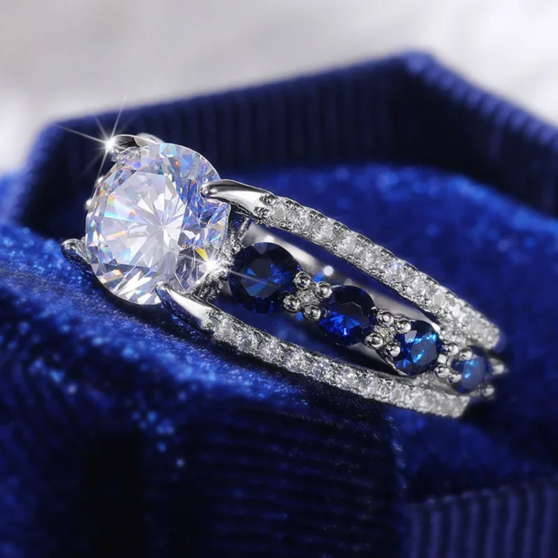 Tiktok New Creative Hollowed Out Royal Blue Zircon Ring for Women High Sense  American Fashion Luxury Banquet Engagement Jewelry