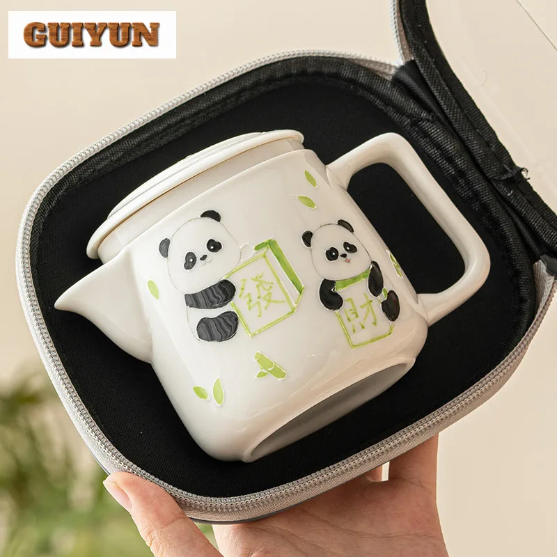 Hand Drawn Panda Fortune Tea Set Kit Luxury 1 Pot 2 Cups Tea Making Outdoor Portable Travel Tote Bag Tea Services Supplies Craft