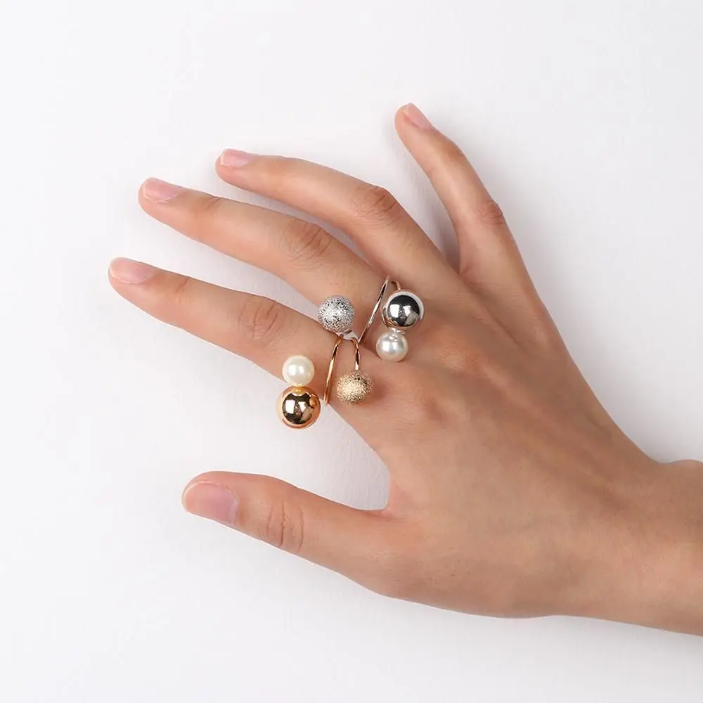 Combo Lovely Party Wedding Trinket Adjustable Big Opening Simulated Pearl Women Rings with Metal Balls Exaggeration