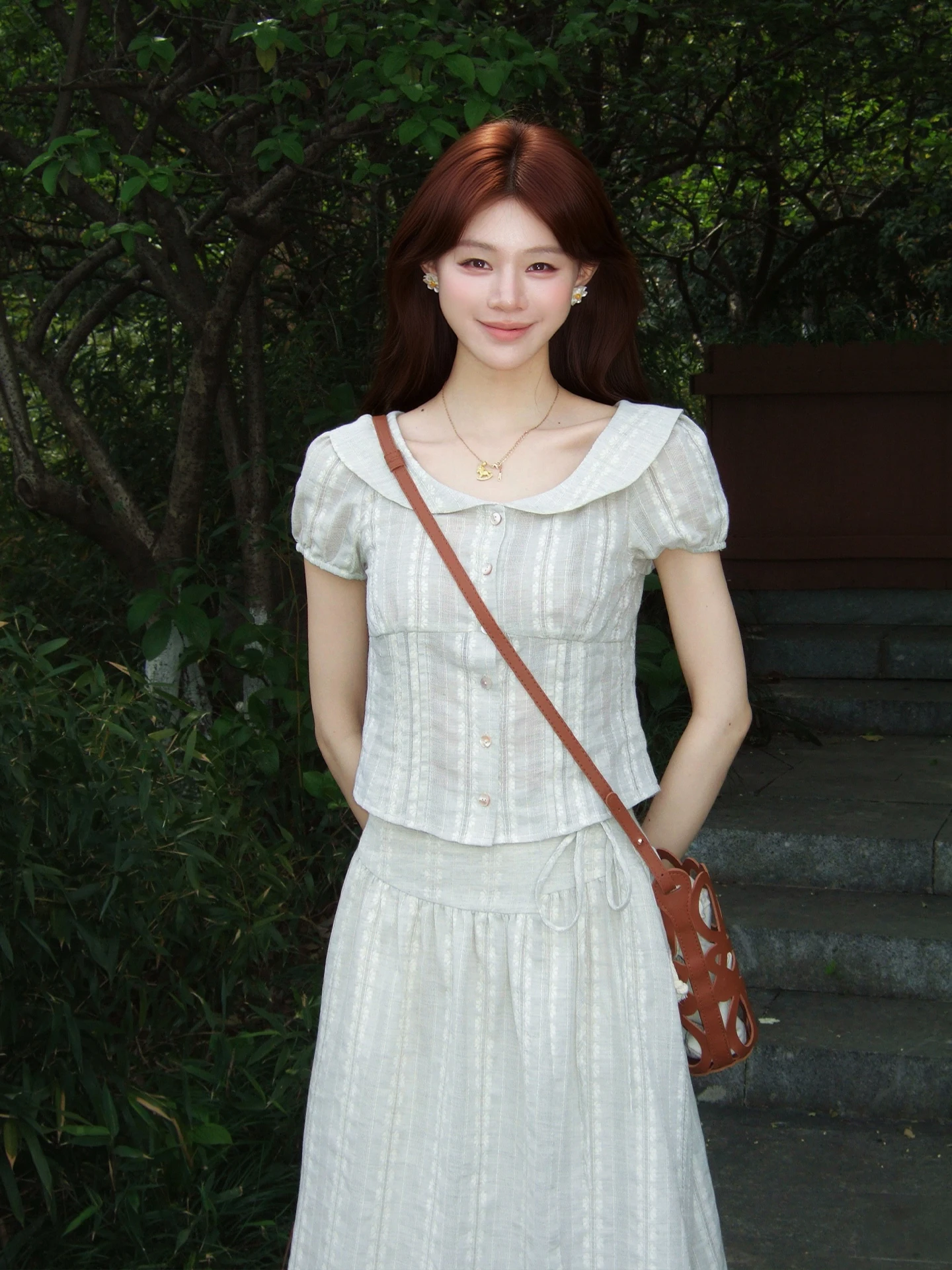 

Gray 100 Cotton Pleated Doll Collar Bubble Sleeve Shirt Stripe High Waist Skirt Two Piece Set Women's Fashion Summer Outfit