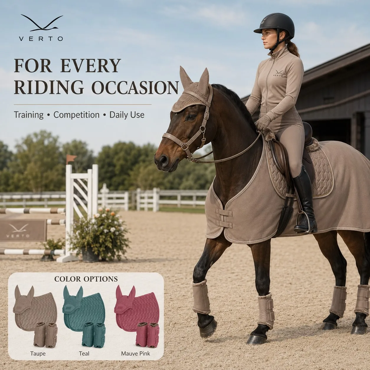 VERTO Horse Tack Set Saddle Pad Fly Veil Halter Bell Boots Tendon Boots for Equestrian Training