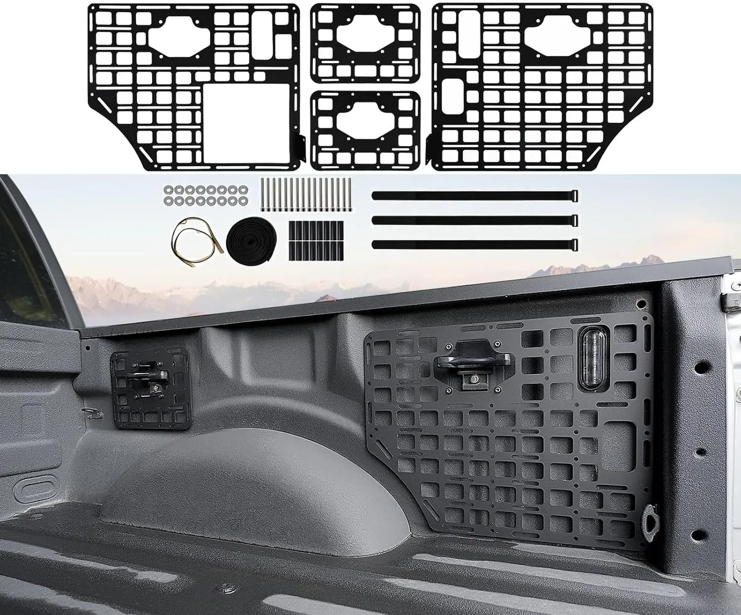 Truck Bed Cargo Storage: Durable Metal Molle Panel Rack in Black, Ideal for 2015-2023 Trucks, Organize Tools Efficiently