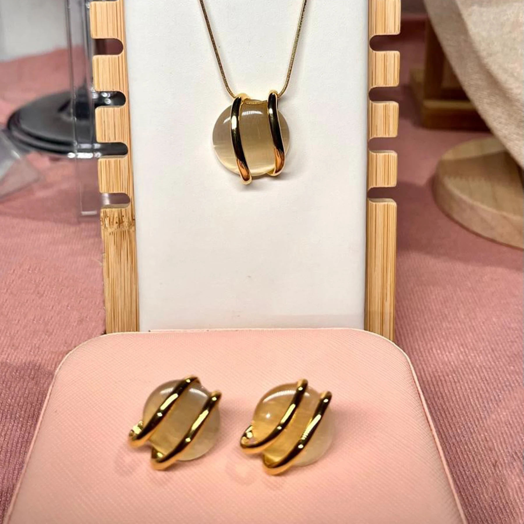 Fashion Classic Gold-plated Stainless Steel Natural Stone Earrings Necklace Round Opal High-quality Women's Party Jewelry Gifts