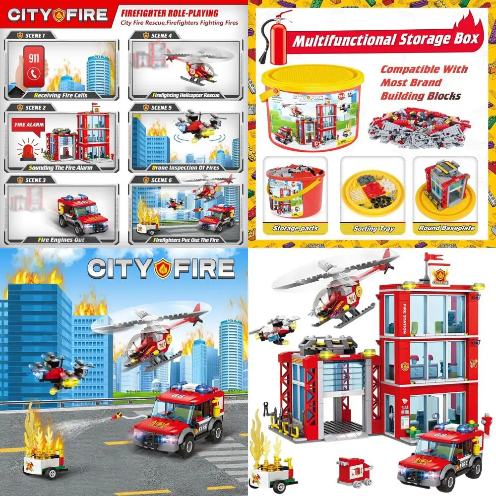 Juego de bomberos con camión de bomberos, helicóptero, drones y motor para niños mayores de 6 años (744 piezas)