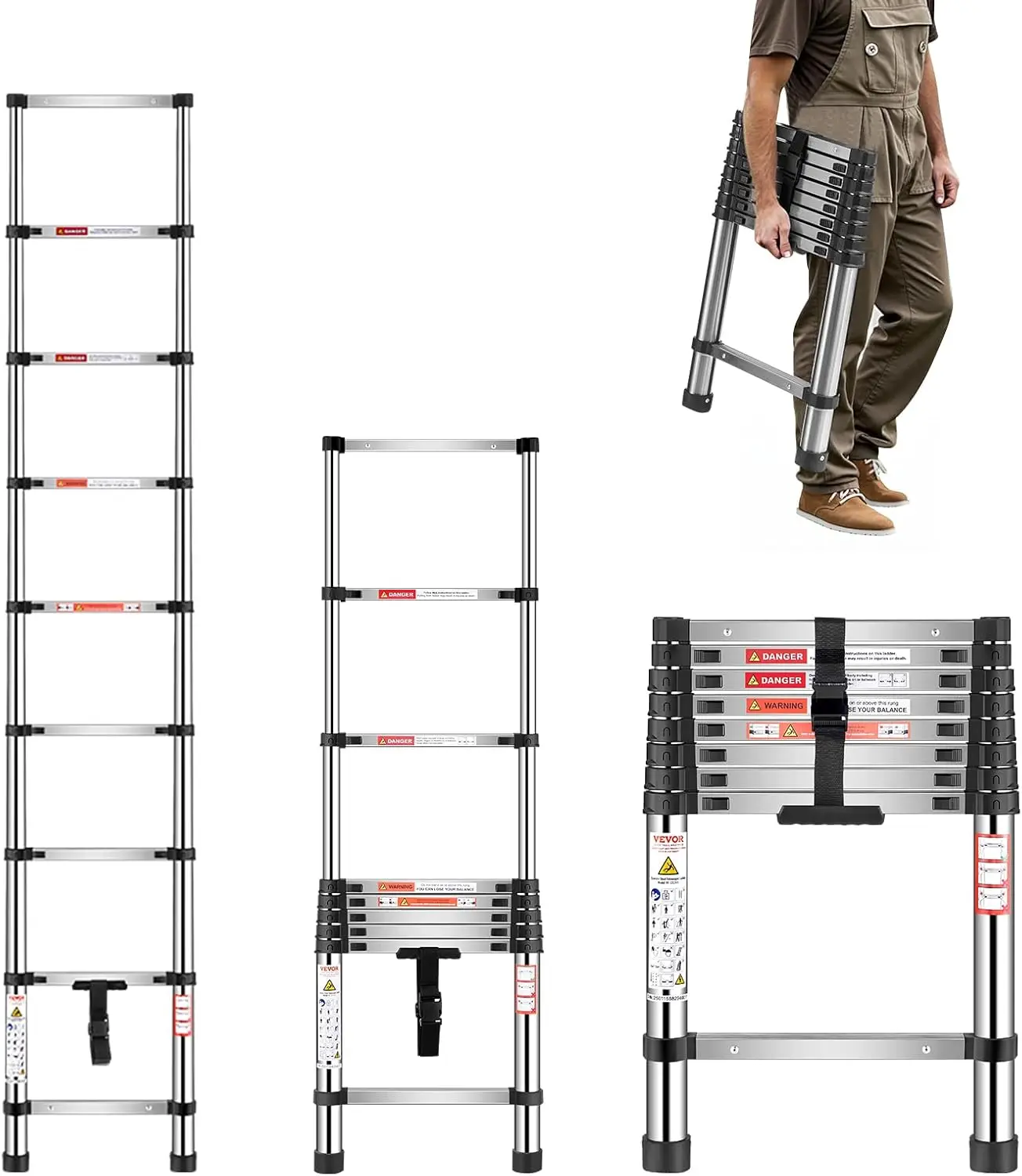 

8.5ft Telescoping Ladder, Stainless Steel Lightweight Extension Ladder with Multi-Button Retraction, 330LBS Capacity & Non-Slip