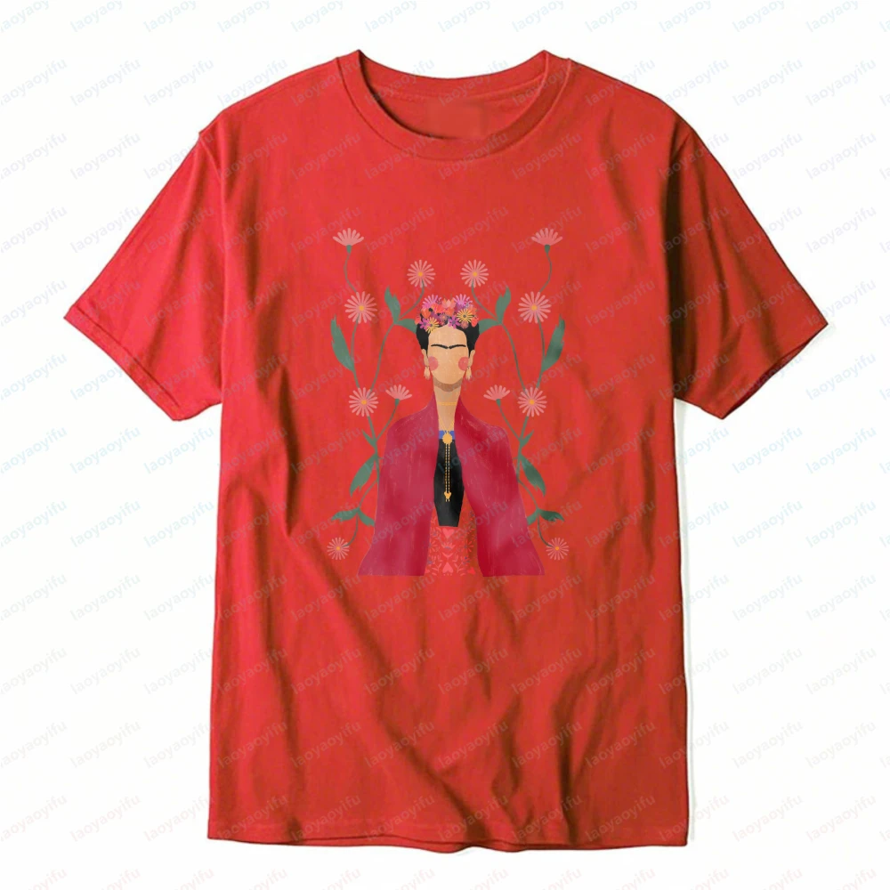 Bohemian Style Frida Kahlo Floral Portrait Artistic Shirt Floral Elements Unisex Cotton T-Shirt Fashion Casual Summer Cotton Tee view 5