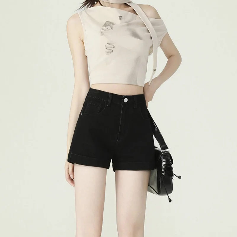 

2025 Fashional High Waist Denim Orts Women's Summer Thin Wide Leg Plus Size Slimming Hip Covering Small Figure A-Line Hot Pants