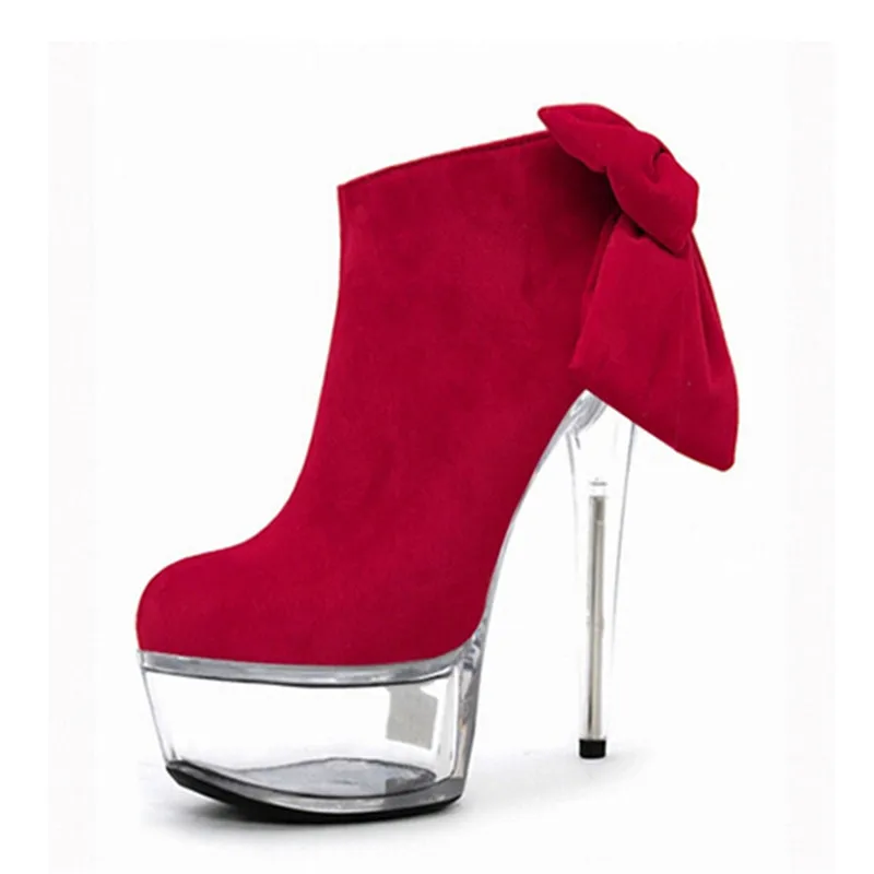 

6 inch Platform side zipper fashion boot women top bows suede sexy 15cm ultra high heels short boots Crystal shoes