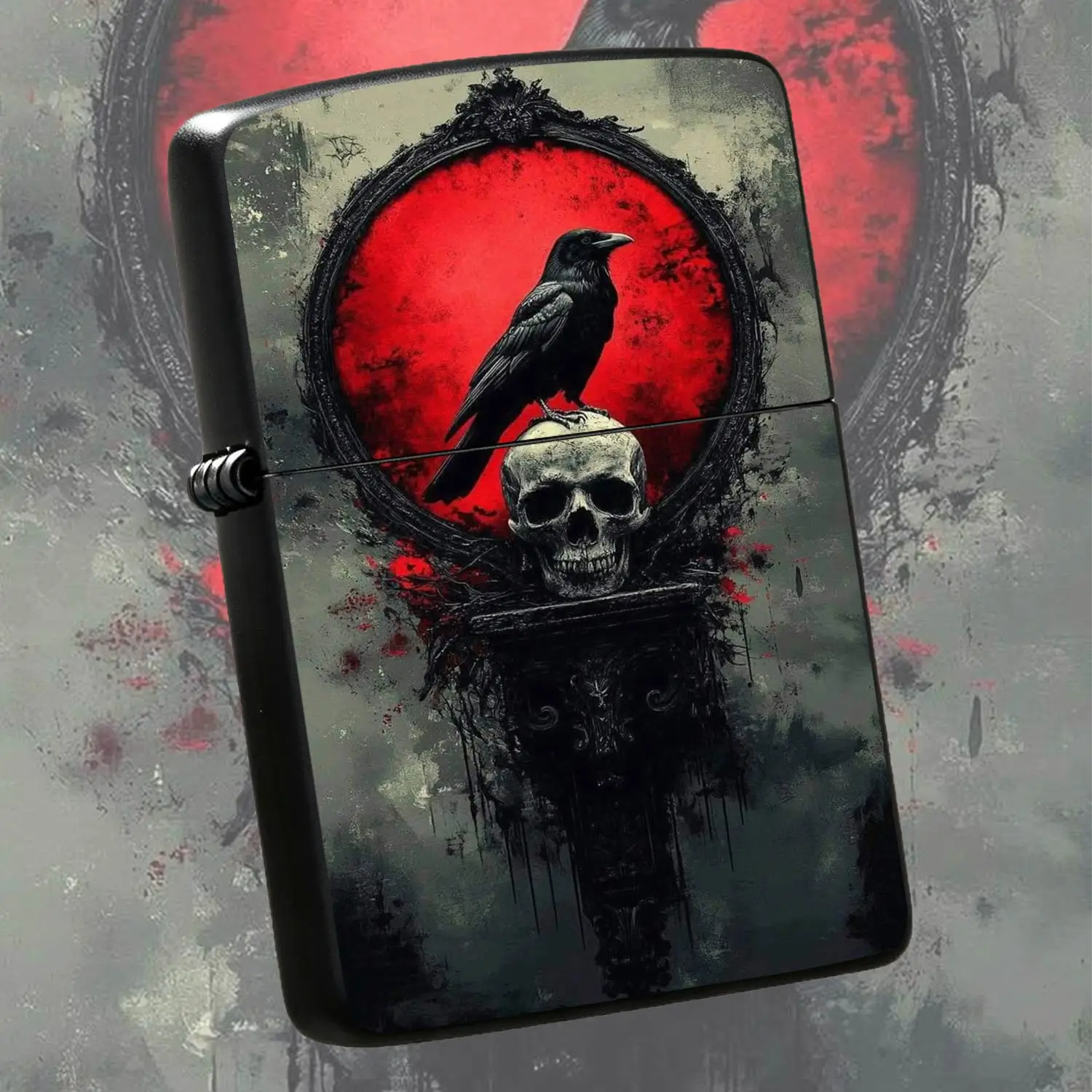 Gothic Dark Crow And Skull Art Lighter, Vintage Ornate Frame Red Moon Aesthetic Decorative Piece, Unique Portable Daily Carry, Ideal For Casual Gathering Personal Gifting Scenarios, Stunning Dark Stylish Craftsmanship Blends Practicality An