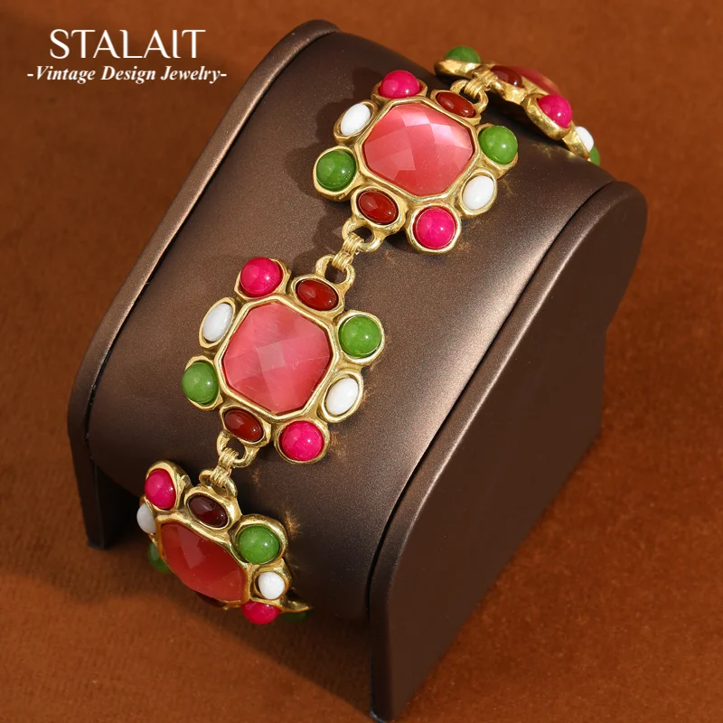 

Antique Jewelry Princess Pink Bracelet Charms Opal Love Square For Women Cat Eye Vintage Colorful Crystal Bangle New 2025