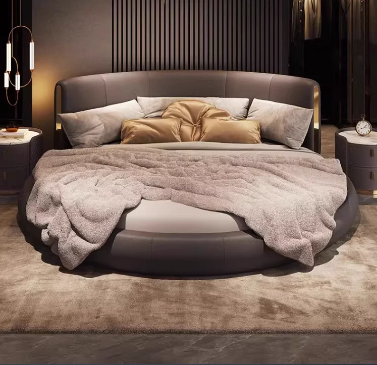 

Leather round bed couple bed Villa Master bedroom double bed 2m 2.2m high-end atmospheric luxury leather bed