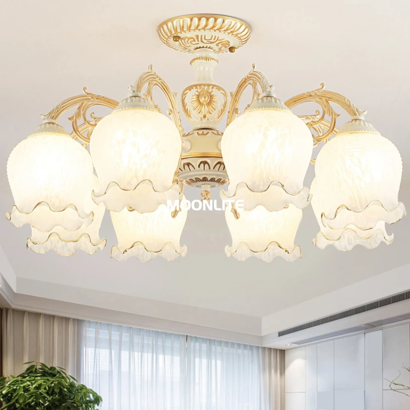 

European Style Retro Chandelier Luxurious Atmospheric Living Room LED Frosted Glass Chandelier Creative Home Lighting Fixtures