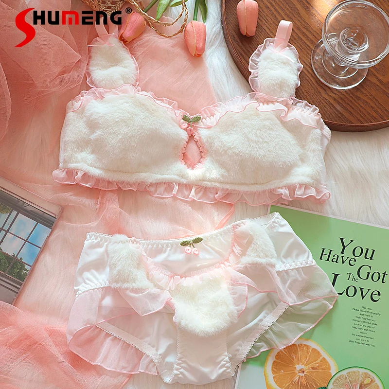 

Autumn Winter Cartoon Underwear Set Girls Plush Rabbit Japanese Style Wireless Bra Set Female Small Chest Warm Intimates