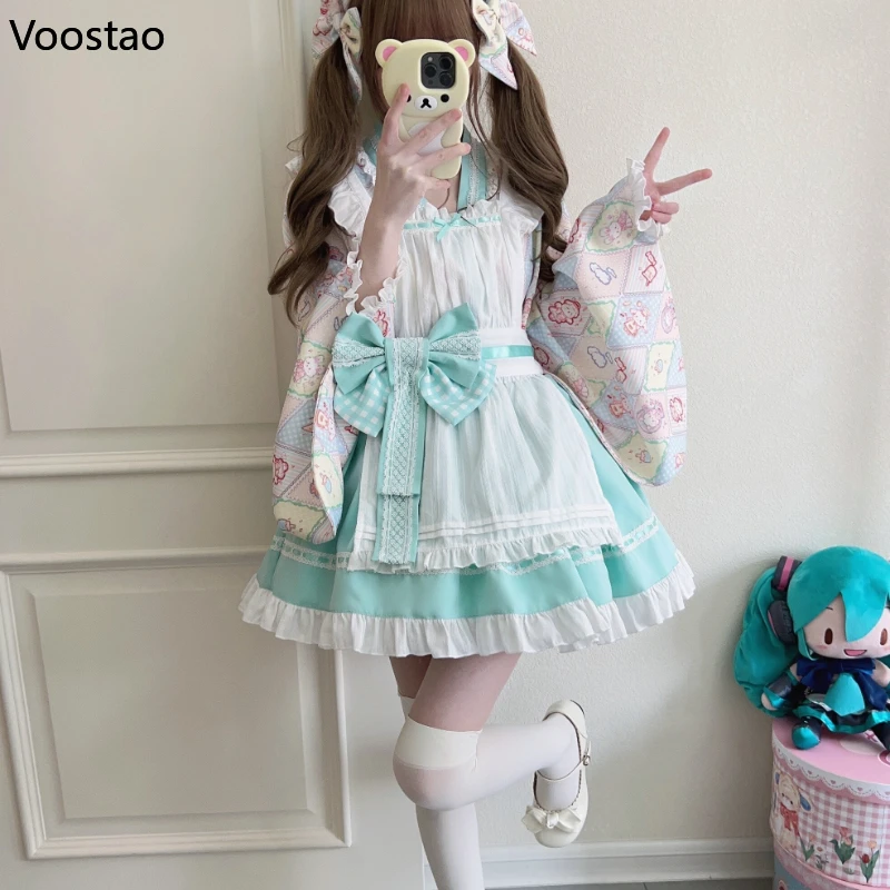 Japanese Sweet Lolita Kimono Dress Women Kawaii Cartoon Print Bow Apron Maid Cosplay Costumes Girls Vintage Animation Show Dress