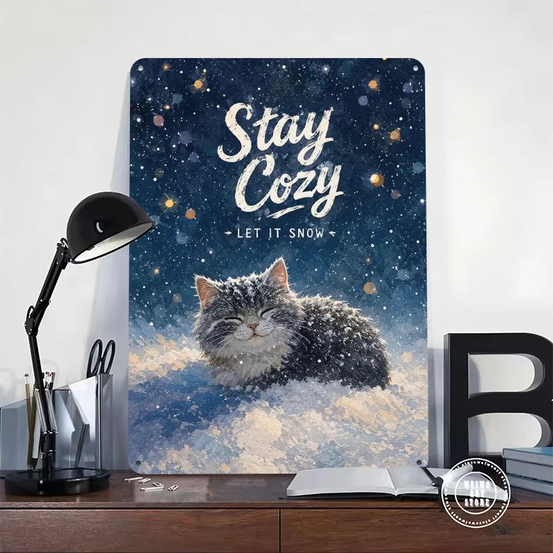 Cozy Cat in the Snow Personalized 3D Textured Metal Poster Wall Art Tinplate Sign for Gaming Room Decoration Man Vintage Decor