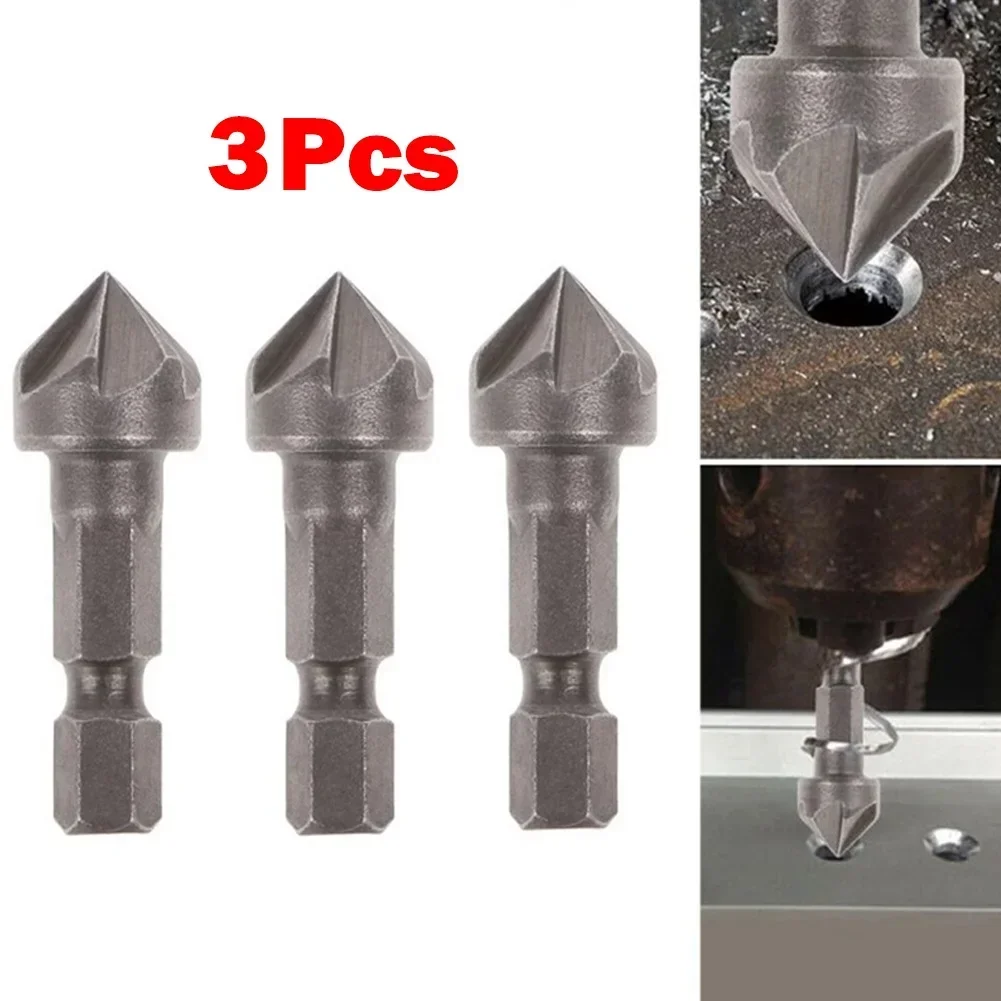 3pcs Countersink Drill Bit Set 1/4\'\' Hex Shank 5 Flute Chamfering Tool Woodworking Hole Opener Countersink Drill Chamfering Cutt