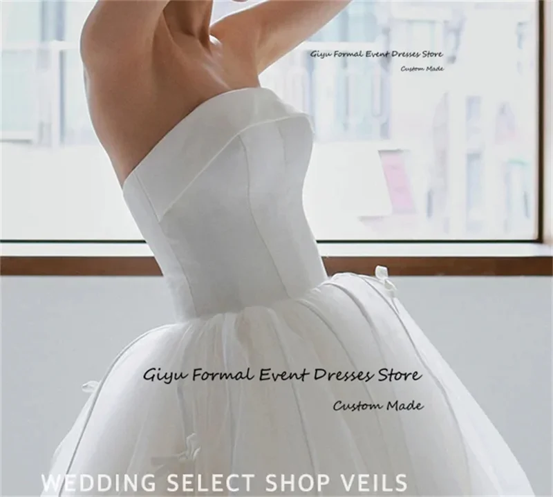 Giyu Design A Line Tulle Korea Vestidos de casamento Strapless Satin Top Ribbon Noiva Vestido até o chão Vestido de mariage Personalizado