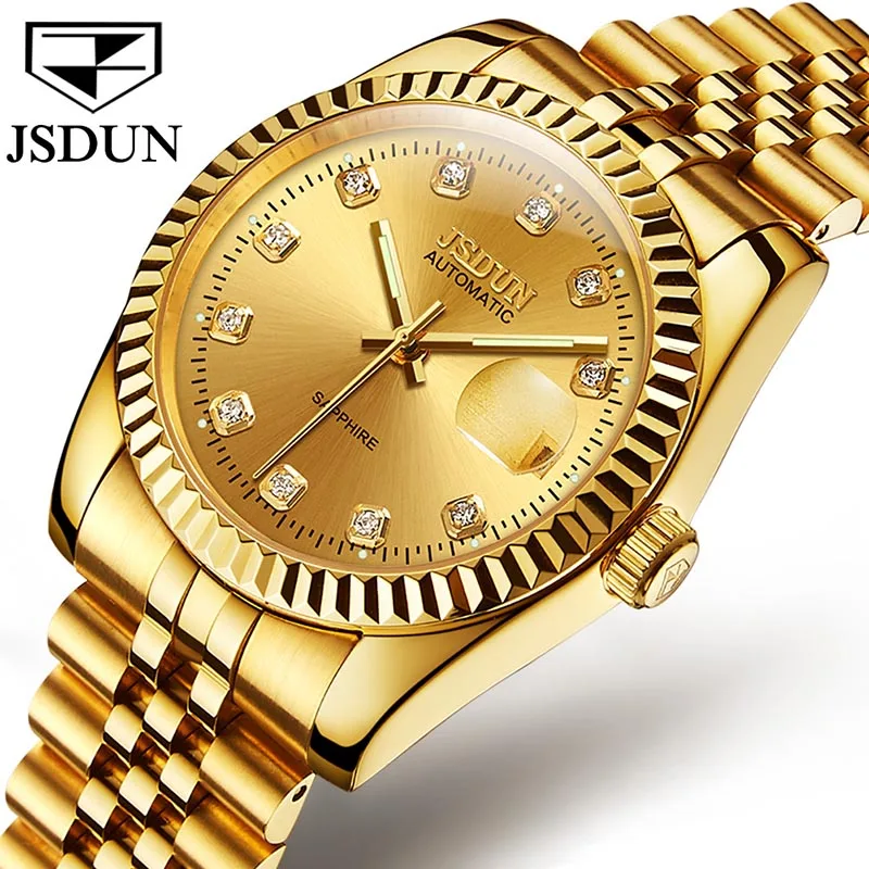 

JSDUN Brand Fashion Men Mechanical Watches Luxury Stainless Steel Gold Business Watch for Men Waterproof Clock Reloj Hombre