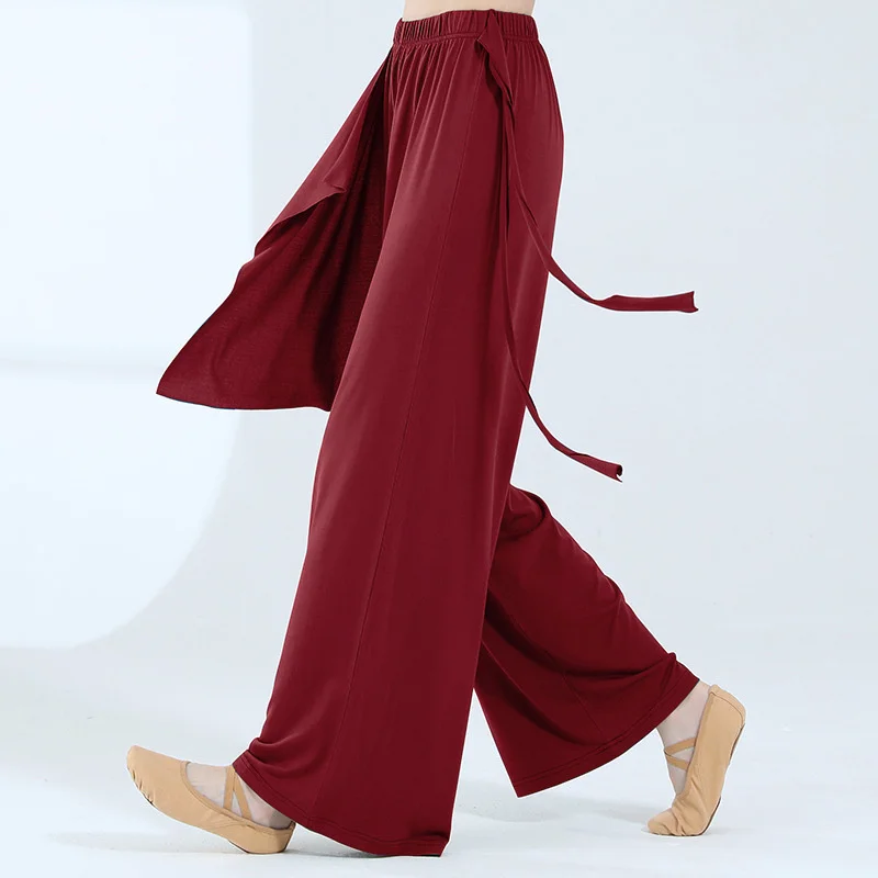 Flowy Chinese Folk Hanfu Pants Modern Dance Trousers Flowy Two Layers Skirt Loose Wide Leg Teacher Traning Clothes Practice XL