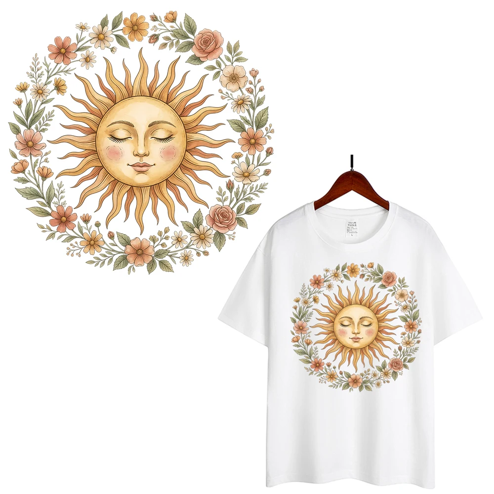 Fashion Boho Sun Face Floral Wreath Heat Transfer Sticker For Clothes DIY A-Level Washable Shirt Iron-on Thermal Decals
