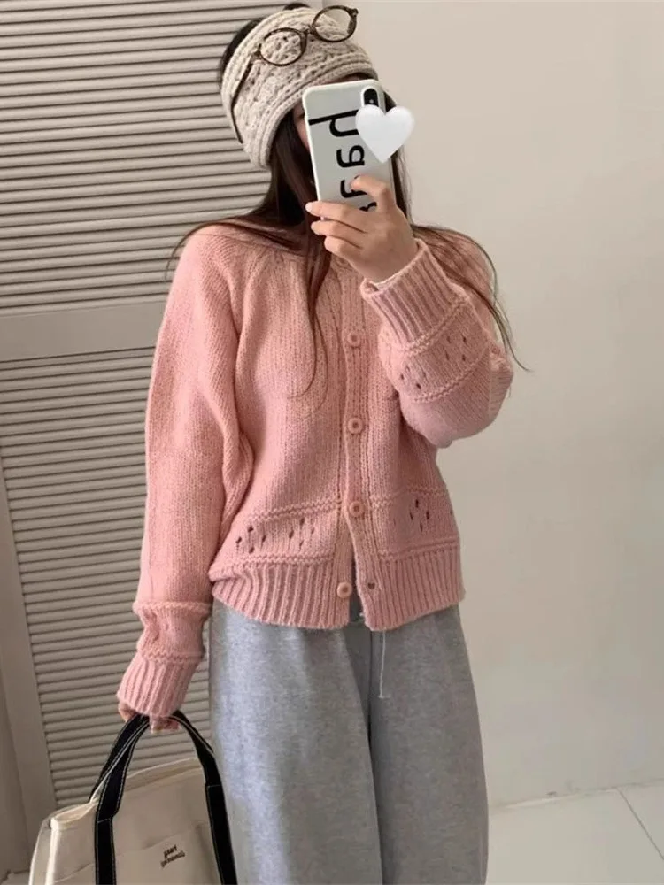

Chic Autumn Sweet Soft Long Sve Loose Knitted Cardigan Sweater Women's Outerwear Hollow out Pattern Cozy Warm round Ne