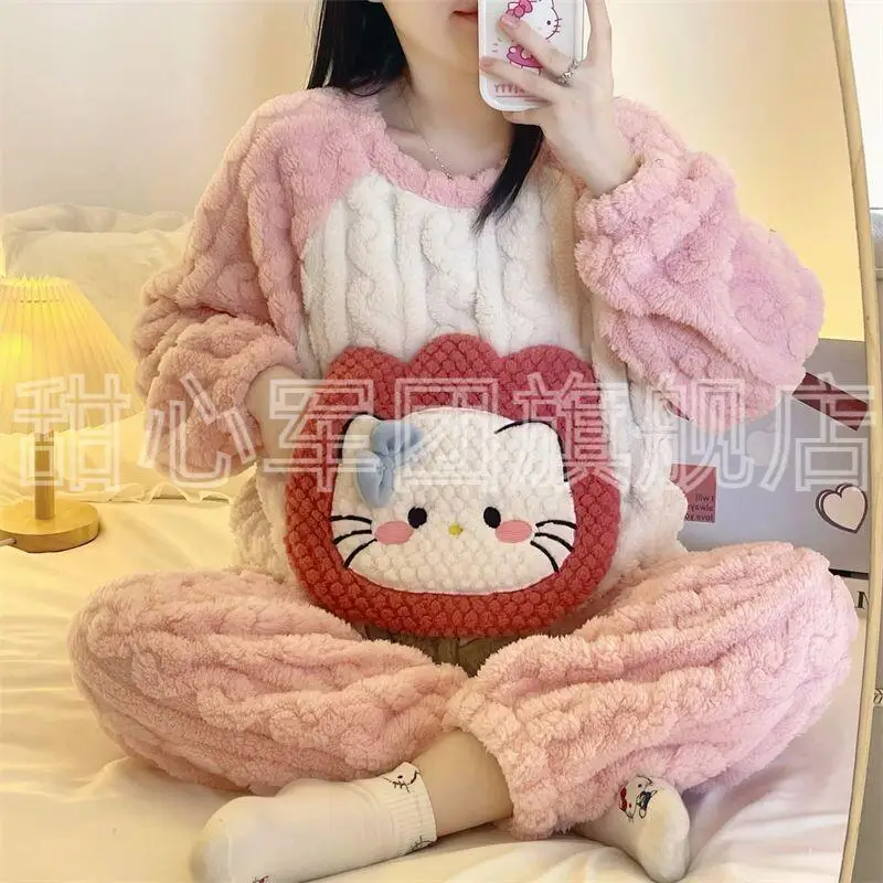 

Комплект пижамы для девочек в стиле каваи из кораллового флиса, женская домашняя одежда для осени и зимы, утепленная ночная рубашка с милым мультяшным принтом котенка из кораллового флиса