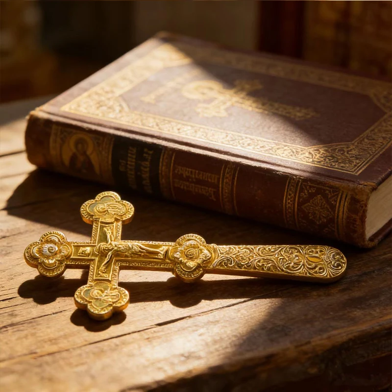 HTISOK Neues Elegantes Goldfarbenes Orthodoxes Handkreuz mit Blumengravuren für Gottesdienste und Persönlichen Spirituellen Schutz – Detail 3