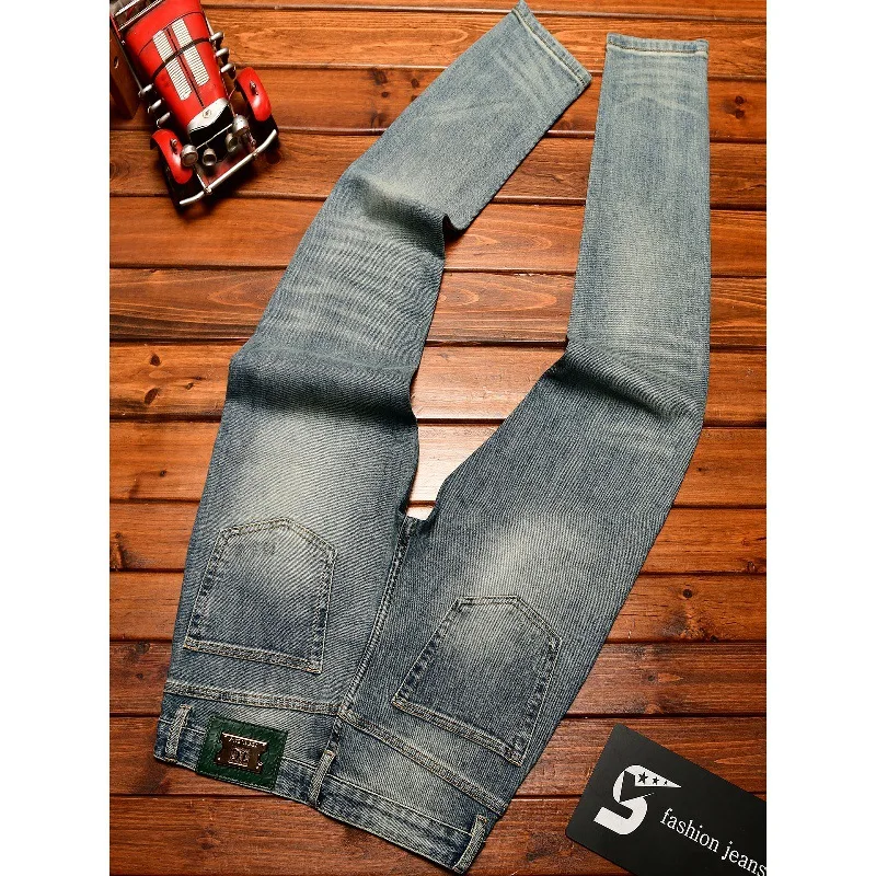 Fashionable printed design jeans for men, autumn stretch slim fit small feet, retro trend street style American pants