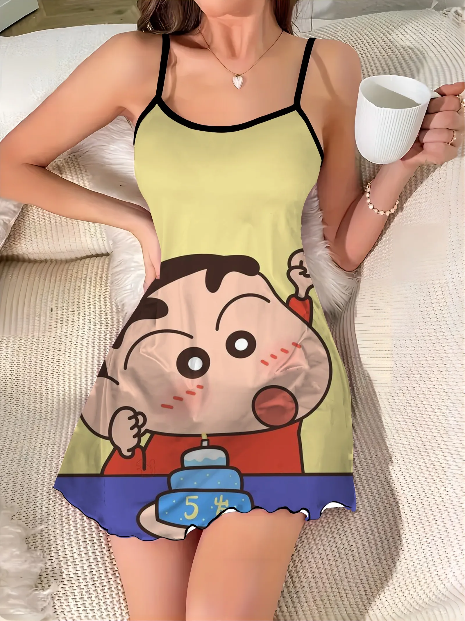 Slip Dress Fashion Summer Dresses 2024 Crayon Shin-chan Crew Neck Lettuce Trim Elegant Women Chic Mini Sexy Trim Neck Dress Home