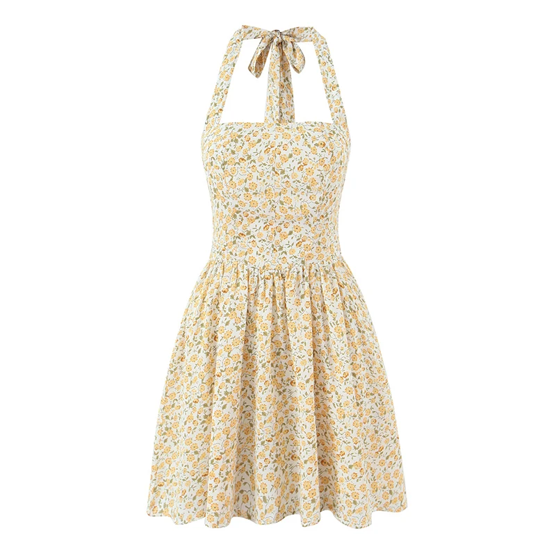 

YENKYE French Retro Floral Print Sexy Backless Halter Dress Women New 2026 Casual Holiday Summer Short Dress A-line Robe