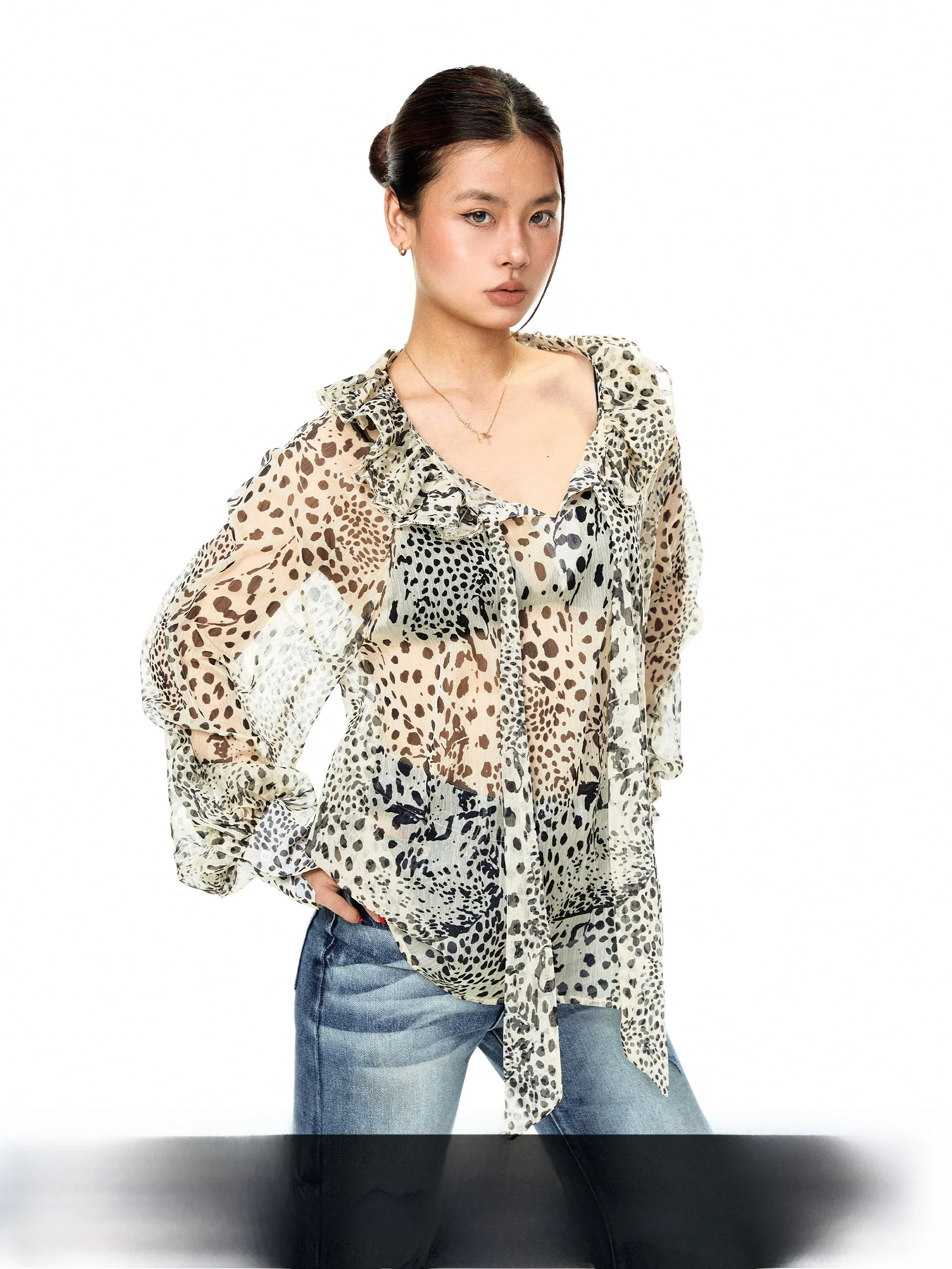 

Женская рубашка Blackbb с леопардовым принтом, рюшами по низу и поясом, свободного кроя, с длинными рукавами, летняя, новый стиль, повседневный стиль, дышащий материал