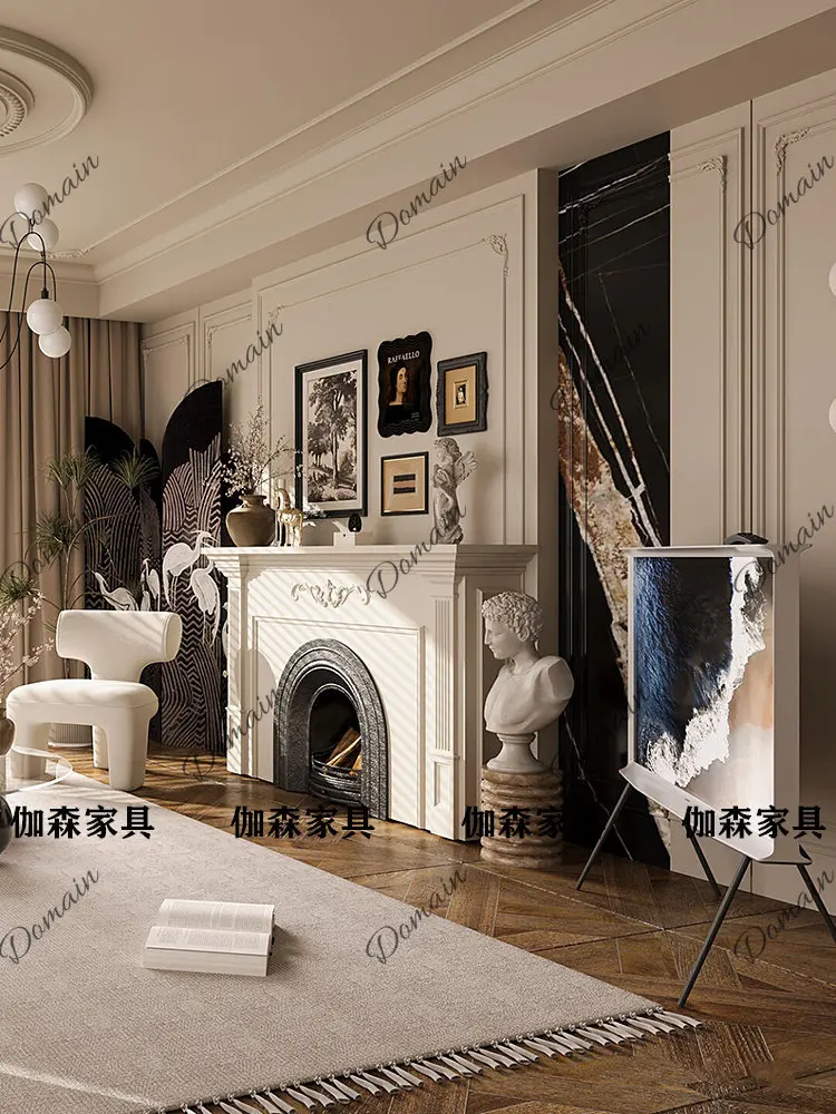 French carved light luxury fireplace decorative cabinet high-end solid wood arched fireplace simulation fire retro entrance